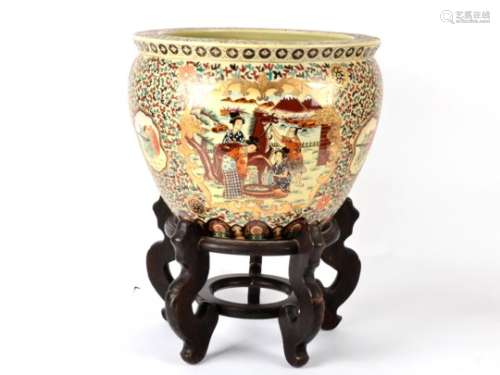 A 20th Century Chinese porcelain fish bowl, of satsuma form, the sides of the bowl decorated upon