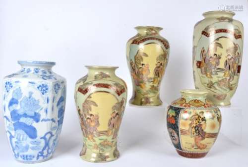 Five contemporary Chinese vases, with transfer printed decoration of flowers, figures, four