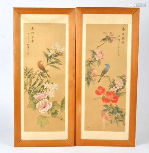 A pair of Chinese silk painted floral pictures, of birds within blossom, image size 48cm x 18cm (2)