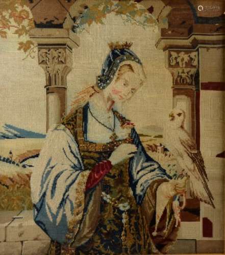 A Victorian Berlin wool work picture, embroidered in coloured threads with a woman wearing a