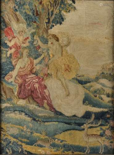 An 18th Century wool work tapestry, depicting an allegorical scene of an angel addressing a woman