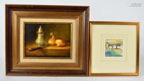 A contemporary oil on board, still life, onions and pepper, 18cm x 24cm together with a contemporary