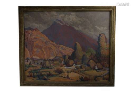 An extensive acrylic on board of mountains in an arid landscape in the manner of Adrian Scott Stokes