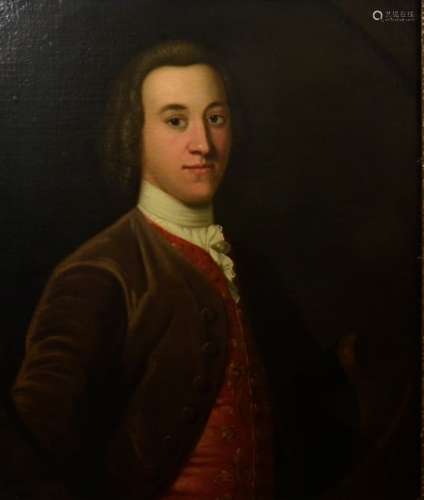 An 18th English School, Century oil on canvas, portrait of a gentleman in brown coat with salmon
