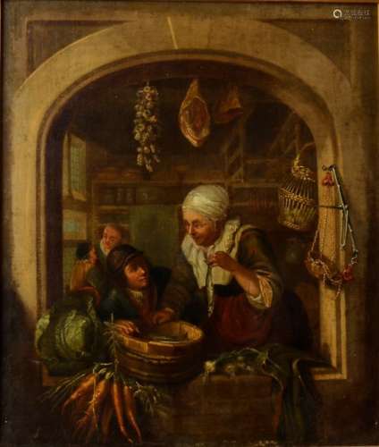 19th Century oil on canvas, Dutch genre scene, market seller, the arched window portraying a woman