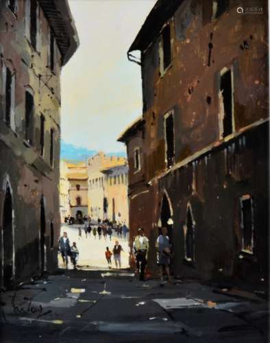 Jeremy Barlow, contemporary oil on board, Assisi street scene, with gallery label verso Llewellyn