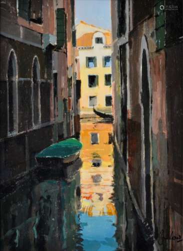 Jeremy Barlow, contemporary oil on board, Venice study of a canal, with gallery label verso