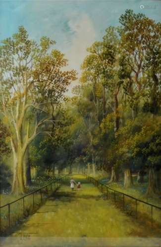 An oil on board of children walking through an avenue of trees, signed J Lewis to the lower left,