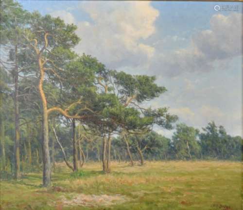 Alfred Broge, Danish School, oil on canvas, edge of pine forest, signed lower right, gilt frame,