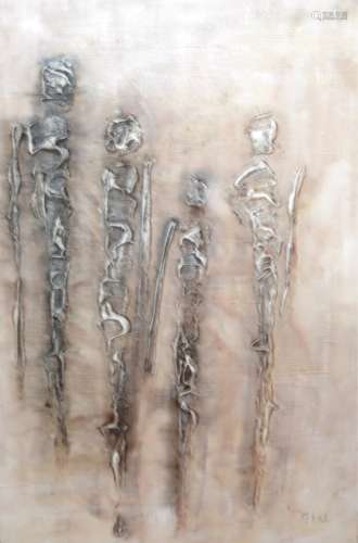 Two contemporary oil on canvas, stick figures, in tones of grey and white, indistinctly signed lower