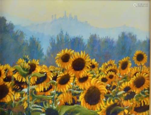 Lionel Aggett (1938-2009) pastel on paper, Sunflowers Below San Gimignano', signed 'L. Aggett' (