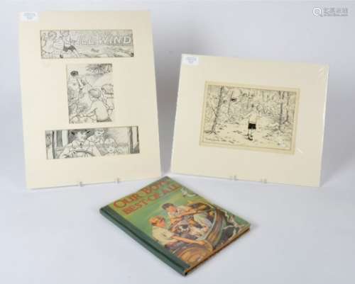 Two children's original book illustrations, by Dorothy Keene of a boy in enchanted forest and