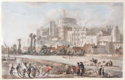 Paul Sandby (1731-1809) R.A., Windsor Castle from the Thames, etching, hand coloured, framed and