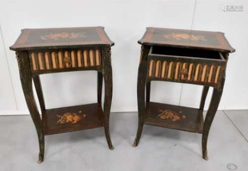 A pair of continental bedside cabinets, hand painted floral decoration, single drawer and under