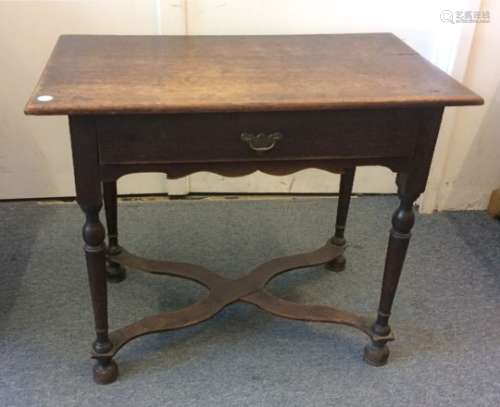 Eighteenth Century Side Table, an oak example with a drawer on turned supports with shaped 'X'