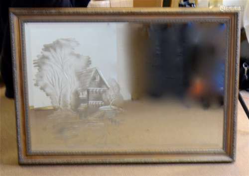 A 20th Century engraved mirror, the bevelled glass with mill scene and horse in foreground in gilt