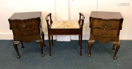 A pair of c1930s walnut veneered two drawer bedside cabinets, together with a similar period piano