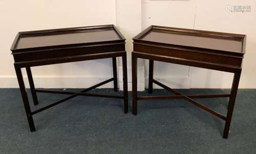 A pair of late Victorian mahogany silver tables, tray top with cross stretchers, 84cm x 46cm x