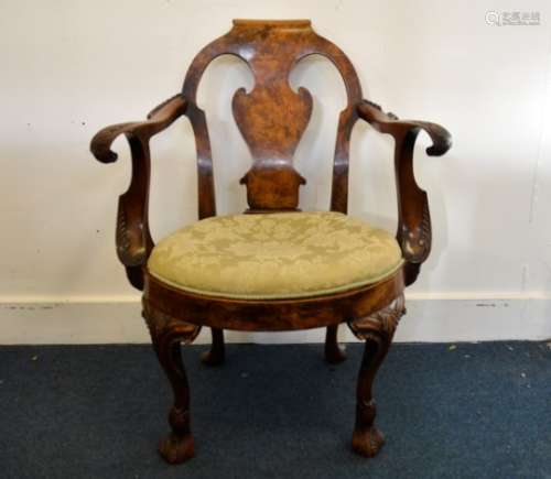 An 18th Century walnut armchair, shaped splat with scroll back, carved arms, upholstered drop in
