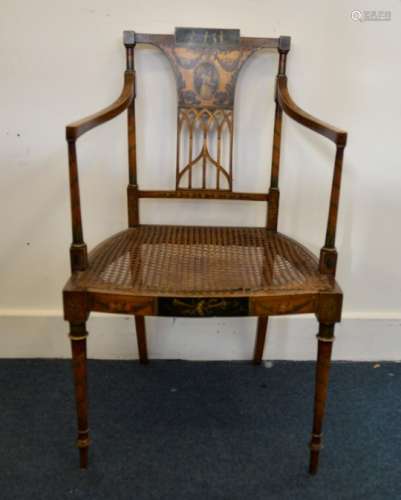 An Edwardian period Sheraton revival satinwood painted arm chair, floral decoration, four cherubs to