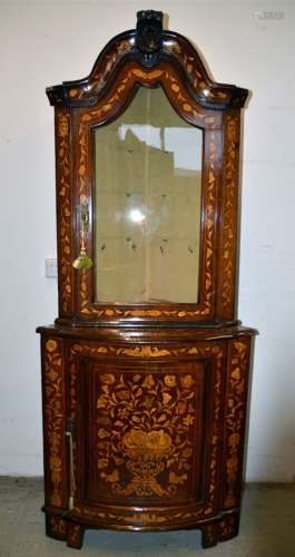 A 19th Century Dutch marquetry corner display cabinet, upper section with glazed door below broken