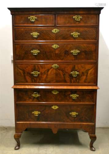 A 19th Century mahogany chest on stand, walnut cock beaded drawer fronts with herringbone cross