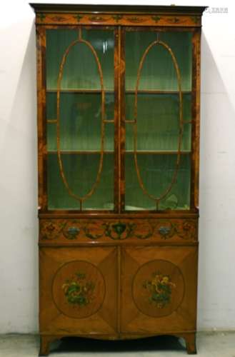A Sheraton revival satinwood painted display cabinet, with floral and classical decoration, two