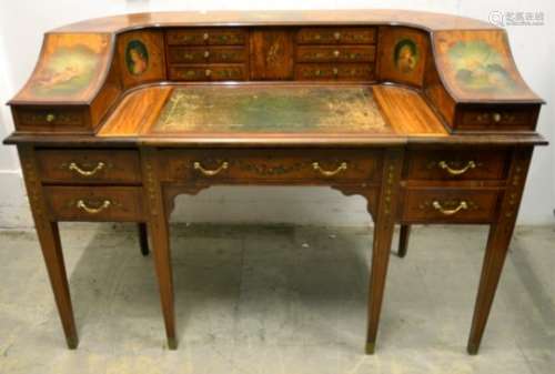 An Edwardian period Sheraton revival painted Carlton House desk, the upper section fitted with