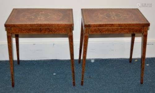 A pair of early 20th Century continental burr maple veneered and inlaid ocassional tables,