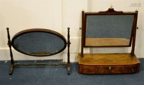 Two toilet mirrors, one with drawers to lower and inlaid with carved bone finials, AF, the other
