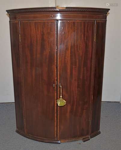 A Victorian mahogany and inlaid corner wall hung cabinet, AF, with woodworm, 110cm high