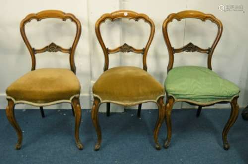 Three Victorian walnut dining chairs, shaped backs, overstuffed seat, with front cabriole legs AF