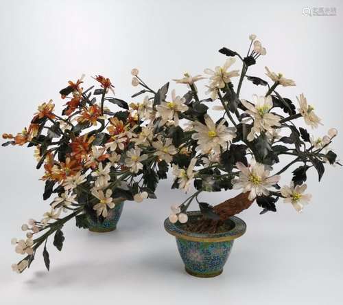 Pair Cloisonne/Jade Agate Bonsai