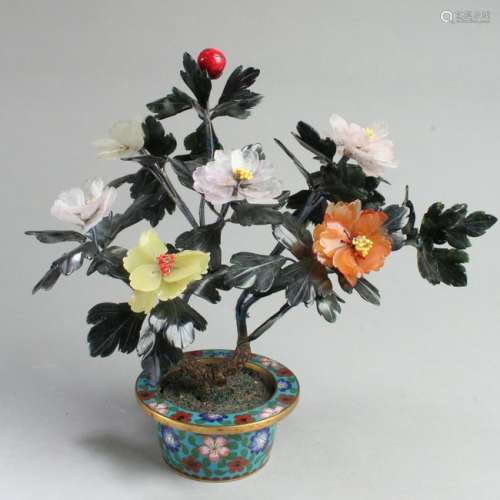 Chinese Jadestone Flowers in Cloisonne Flower Pot