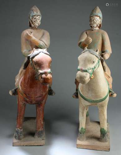 A Pair of Antique Tang San Chai Pottery Figurines, Ming