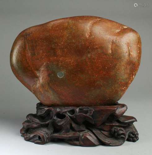 Chinese Hetian Jade Boulder with Wooden Stand