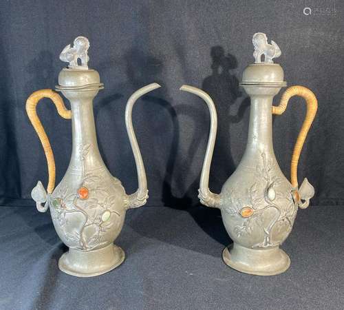 Pair Chinese Pewter Ewer