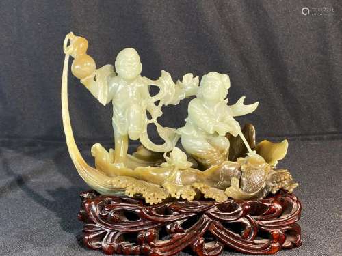 Chinese Carved Celadon Jade Boy Group