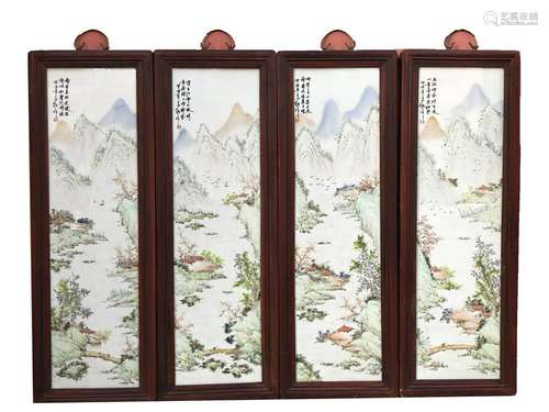 A Group of Four Hardwood Framed Porcelain Painting