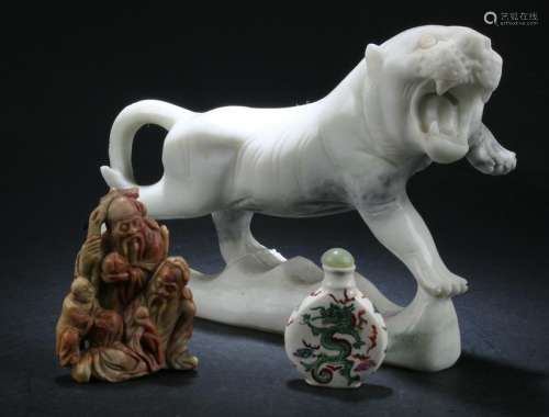 A Group of Two Porcelain Ornament and One Soapstone
