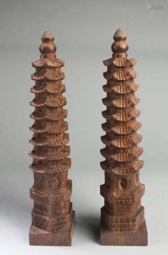 A Pair of Carved Wooden Pagoda
