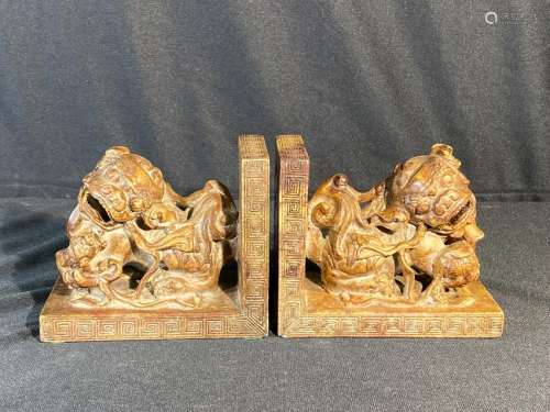 Pair Chinese Carved Soapstone Foolion Bookend