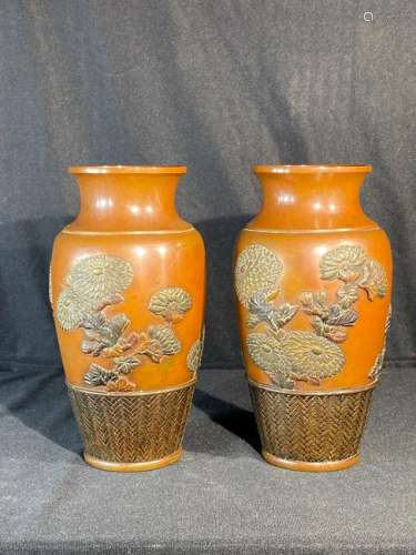 Pair Japanese Bronze Mixed Metal Vases