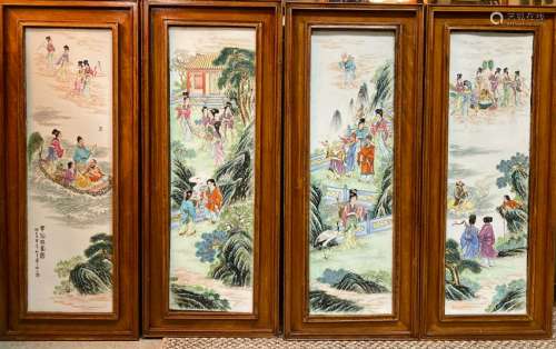 Chinese Porcelain Plaques with Figurines - Hardwood