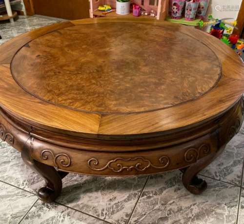 Chinese Rosewood Round Low Table with Burlwood Center