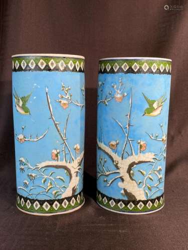 Pair Japanese Cloisonne on Porcelain Vases