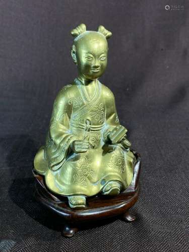 Chinese Bronze Diety on Rosewood Base