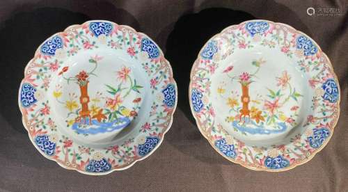 Pair Chinese Porcelain Dishes with Floral and Vase