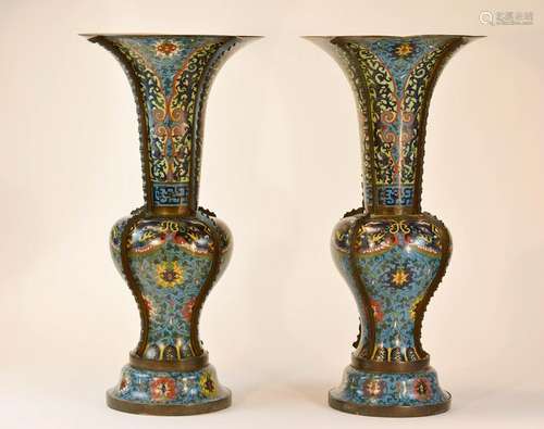 Massive Pair Chinese Cloisonne Yen Yen Vases