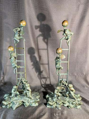 Japanese Bronze Monkey Candle Holder - Pair